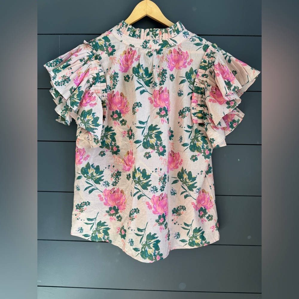 Entro Floral Ruffle Sleeve Blouse Pink Green Boho Cottage Core Teacher Spring - Picture 4 of 9